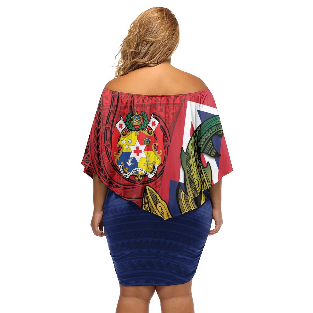 Hawaii And Tonga Family Matching Off Shoulder Short Dress and Hawaiian Shirt Shark Tattoo With Tongan Coat Of Arms