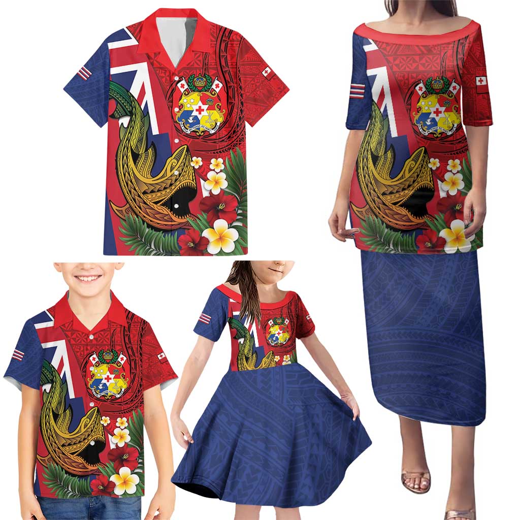 Hawaii And Tonga Family Matching Puletasi and Hawaiian Shirt Shark Tattoo With Tongan Coat Of Arms