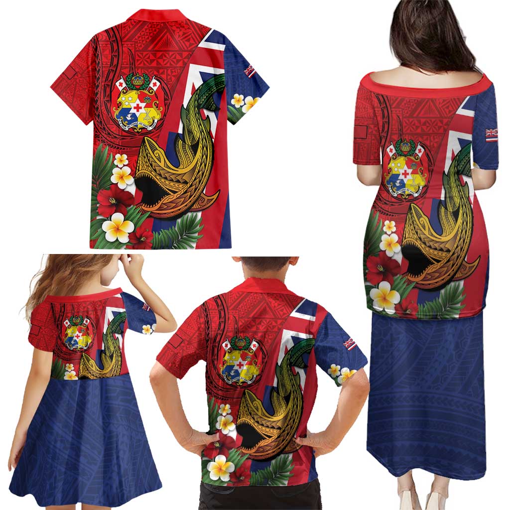 Hawaii And Tonga Family Matching Puletasi and Hawaiian Shirt Shark Tattoo With Tongan Coat Of Arms