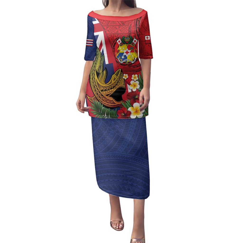Hawaii And Tonga Family Matching Puletasi and Hawaiian Shirt Shark Tattoo With Tongan Coat Of Arms