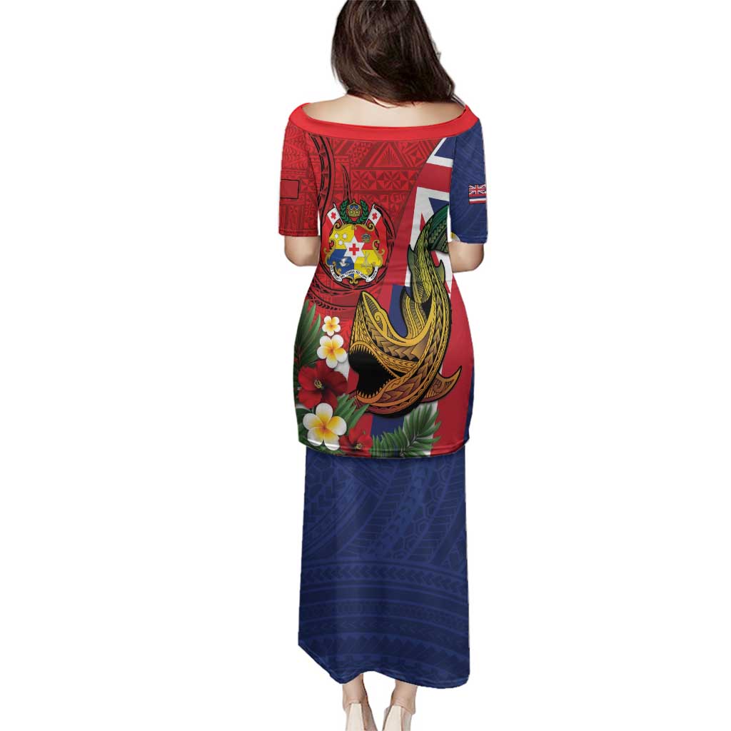 Hawaii And Tonga Family Matching Puletasi and Hawaiian Shirt Shark Tattoo With Tongan Coat Of Arms