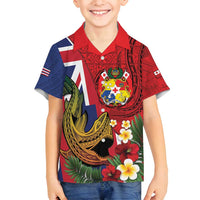 Hawaii And Tonga Family Matching Puletasi and Hawaiian Shirt Shark Tattoo With Tongan Coat Of Arms