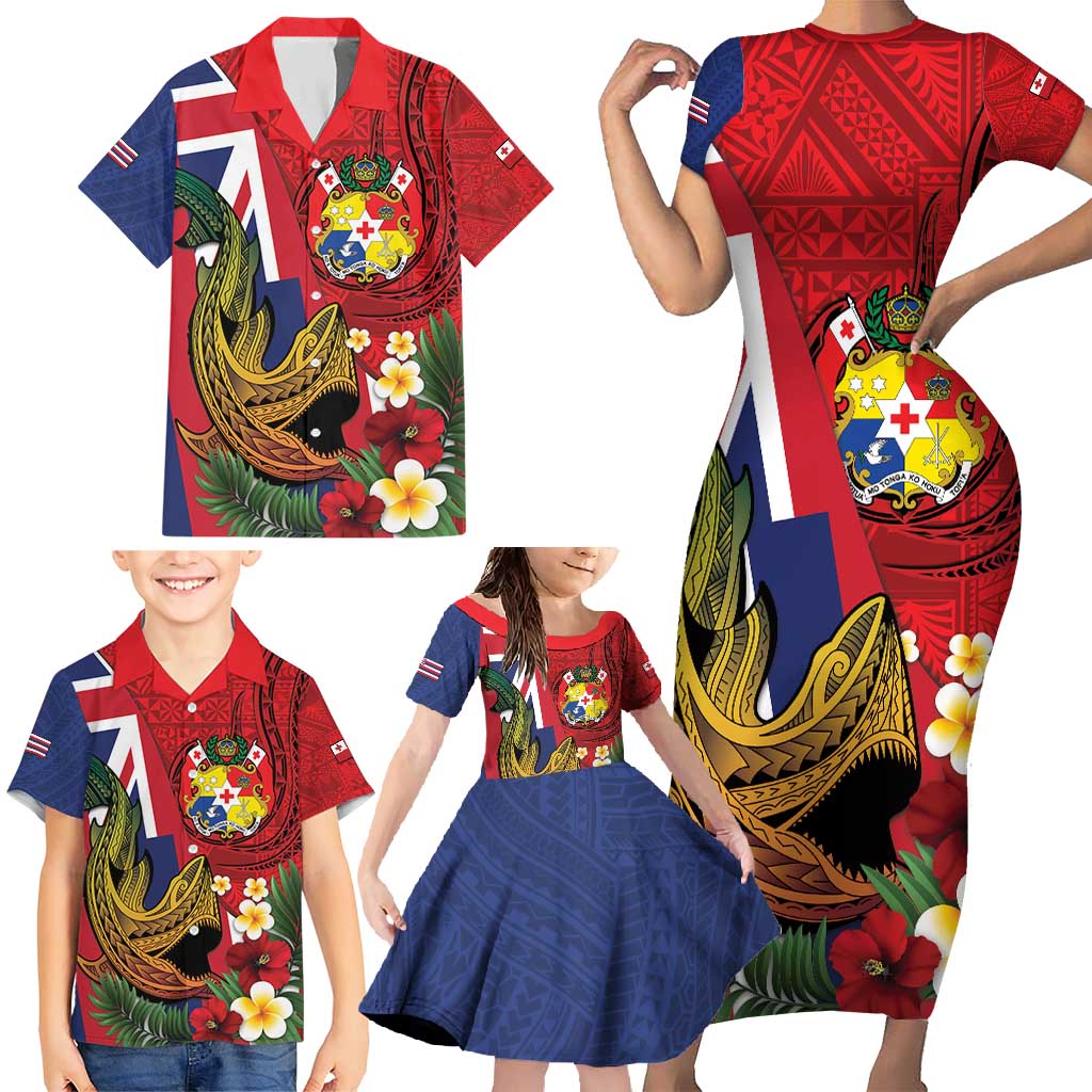 Hawaii And Tonga Family Matching Short Sleeve Bodycon Dress and Hawaiian Shirt Shark Tattoo With Tongan Coat Of Arms