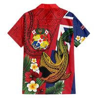 Hawaii And Tonga Family Matching Short Sleeve Bodycon Dress and Hawaiian Shirt Shark Tattoo With Tongan Coat Of Arms