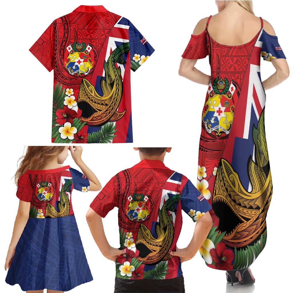 Hawaii And Tonga Family Matching Summer Maxi Dress and Hawaiian Shirt Shark Tattoo With Tongan Coat Of Arms