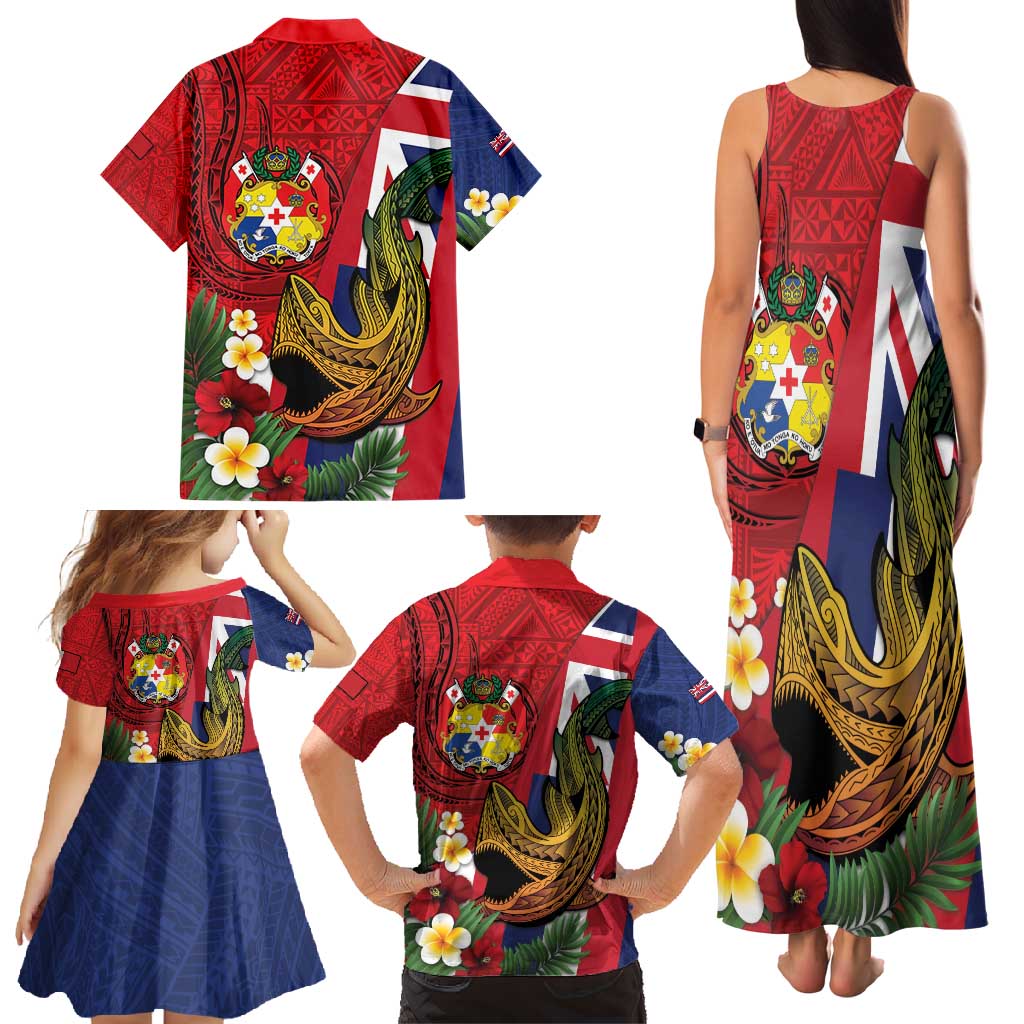 Hawaii And Tonga Family Matching Tank Maxi Dress and Hawaiian Shirt Shark Tattoo With Tongan Coat Of Arms
