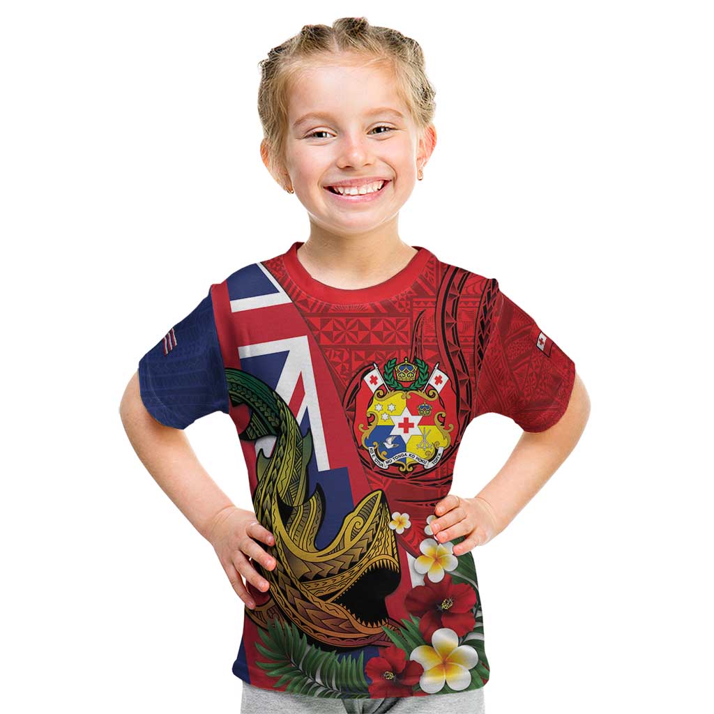 Hawaii And Tonga Kid T Shirt Shark Tattoo With Tongan Coat Of Arms LT14 Red - Polynesian Pride