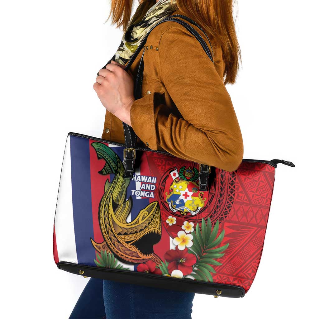 Hawaii And Tonga Leather Tote Bag Shark Tattoo With Tongan Coat Of Arms