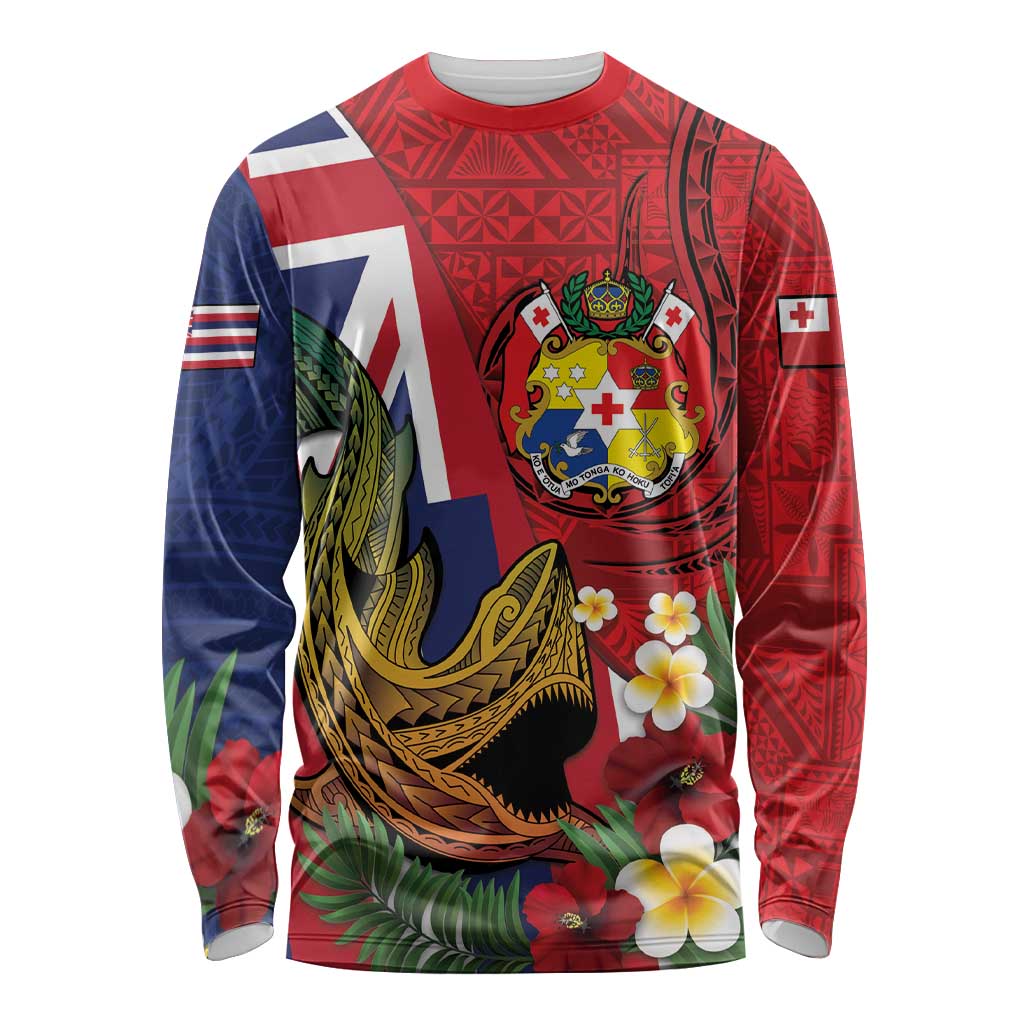 Hawaii And Tonga Long Sleeve Shirt Shark Tattoo With Tongan Coat Of Arms LT14 Unisex Red - Polynesian Pride
