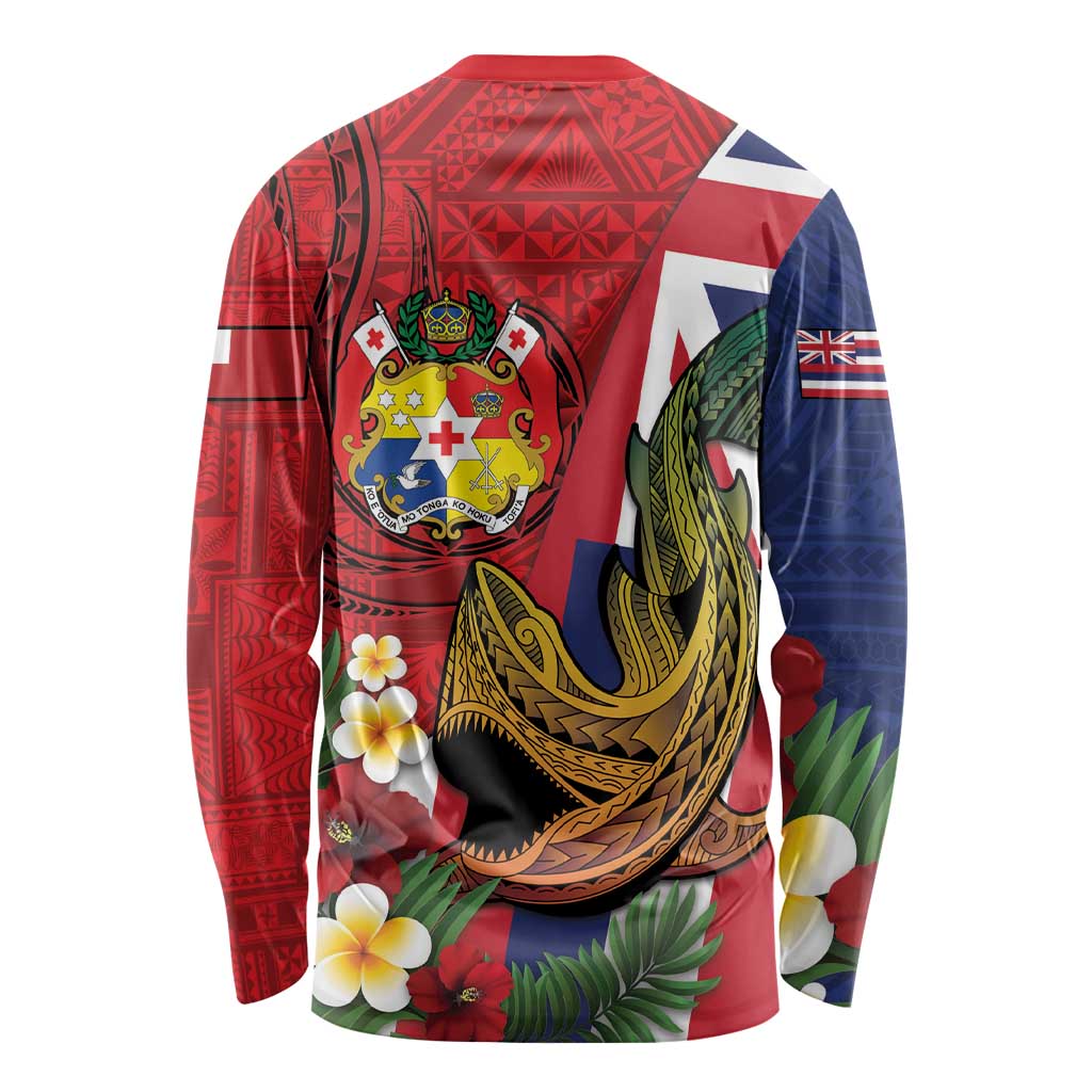 Hawaii And Tonga Long Sleeve Shirt Shark Tattoo With Tongan Coat Of Arms LT14 - Polynesian Pride
