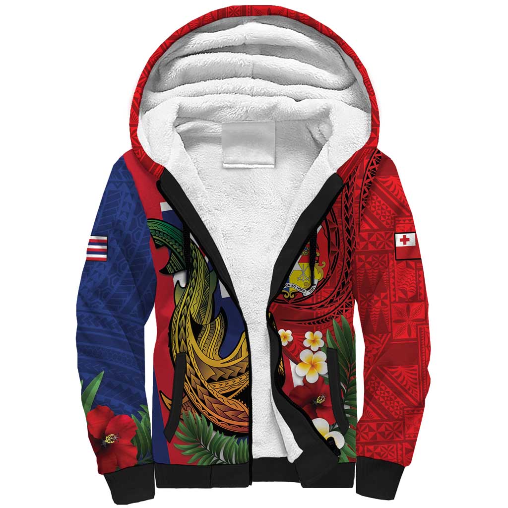 Hawaii And Tonga Sherpa Hoodie Shark Tattoo With Tongan Coat Of Arms