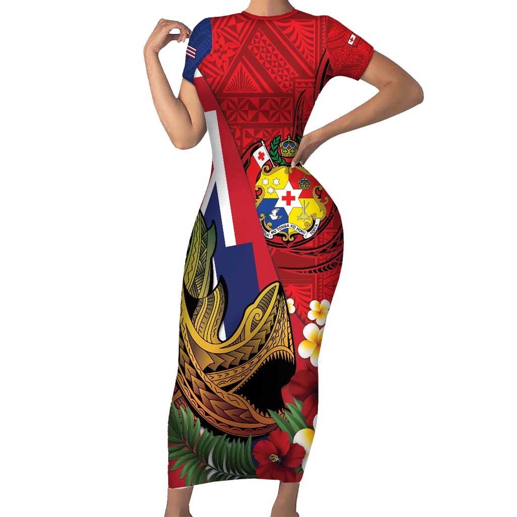 Hawaii And Tonga Short Sleeve Bodycon Dress Shark Tattoo With Tongan Coat Of Arms