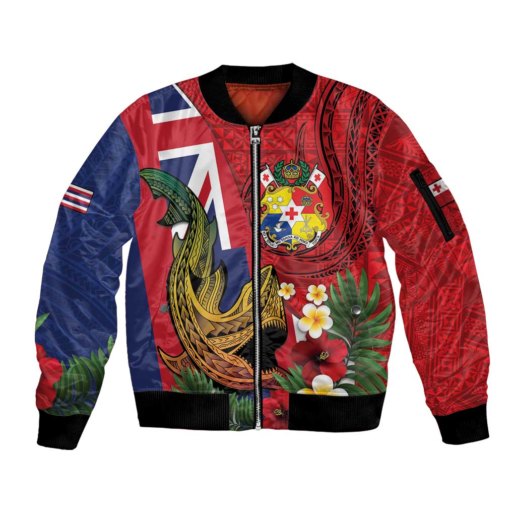 Hawaii And Tonga Sleeve Zip Bomber Jacket Shark Tattoo With Tongan Coat Of Arms