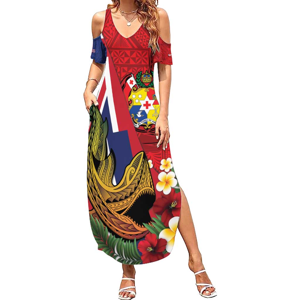 Hawaii And Tonga Summer Maxi Dress Shark Tattoo With Tongan Coat Of Arms