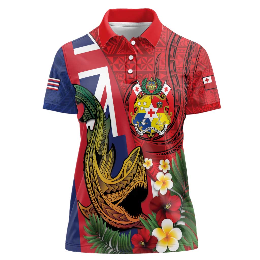 Hawaii And Tonga Women Polo Shirt Shark Tattoo With Tongan Coat Of Arms