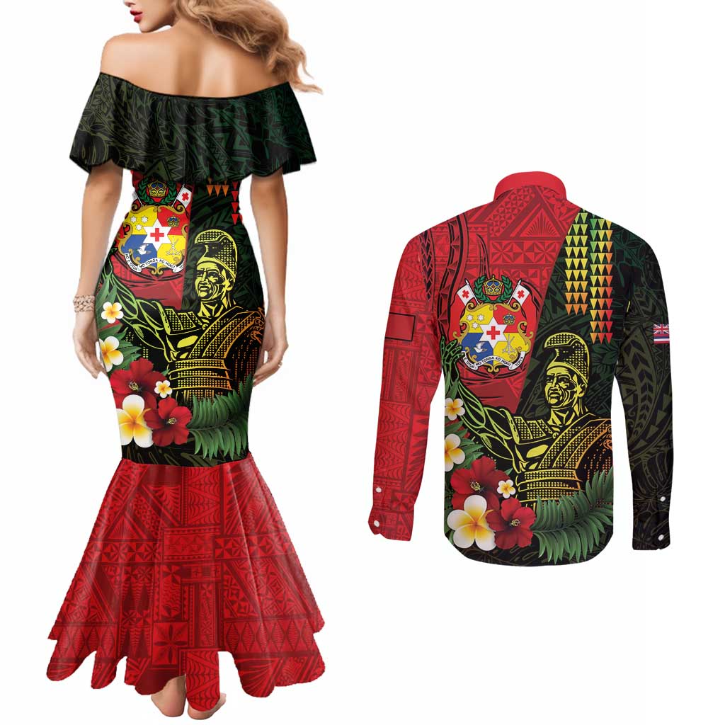 Hawaii And Tonga Couples Matching Mermaid Dress and Long Sleeve Button Shirt King Kamehameha Tribal Ngatu Pattern