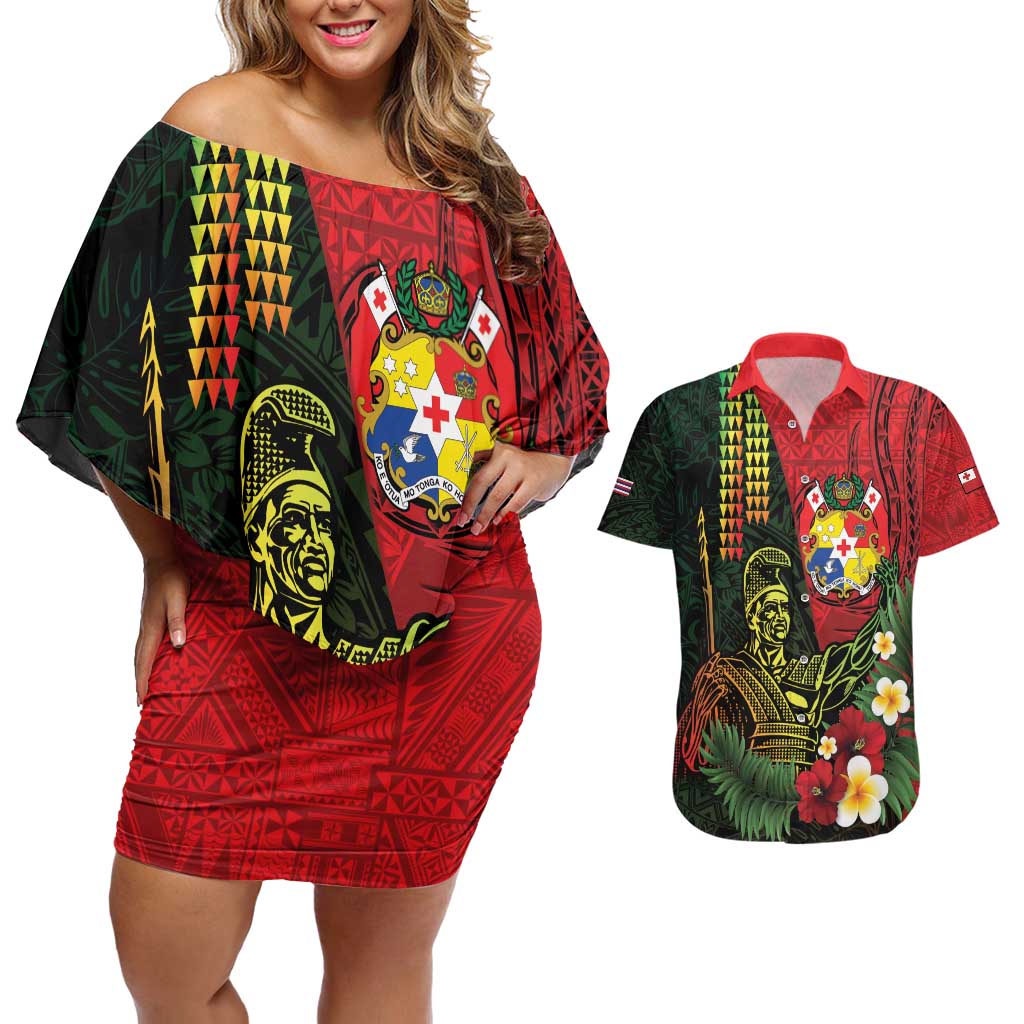 Hawaii And Tonga Couples Matching Off Shoulder Short Dress and Hawaiian Shirt King Kamehameha Tribal Ngatu Pattern