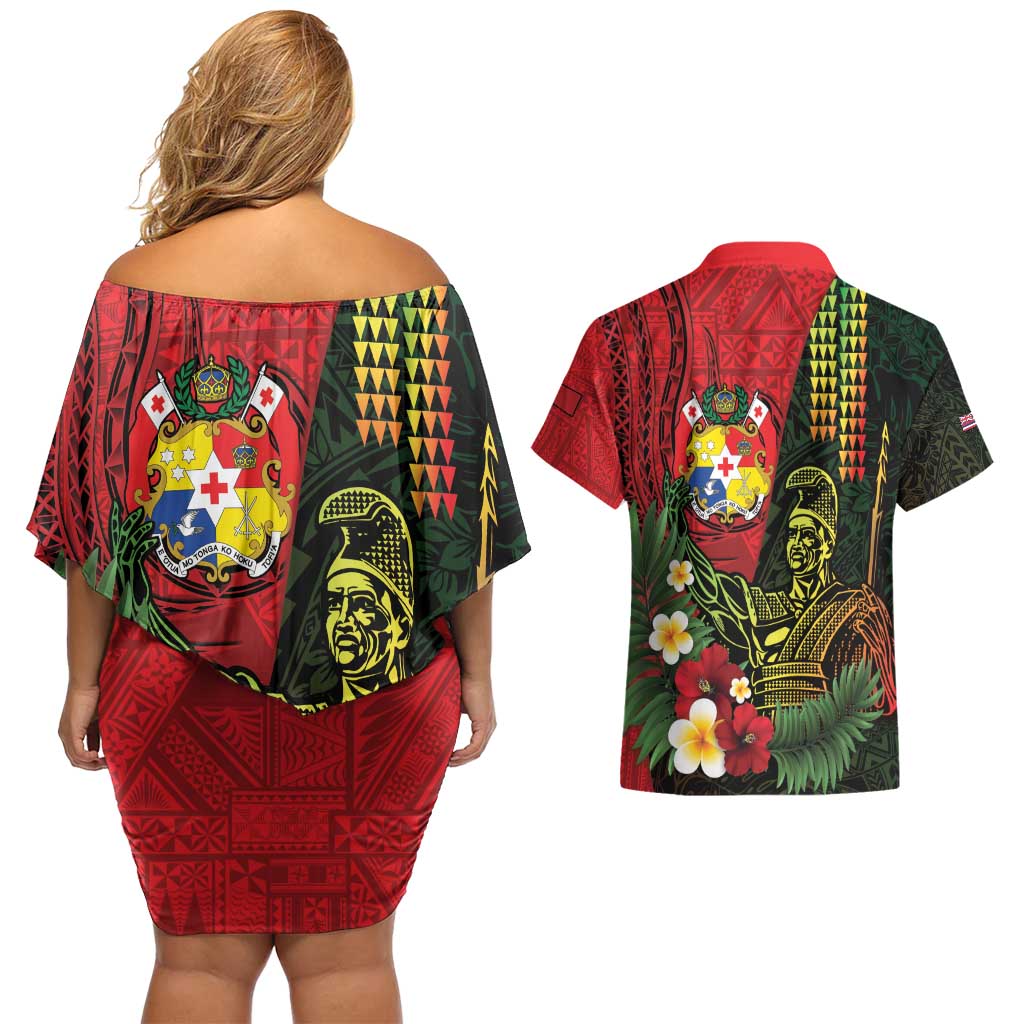 Hawaii And Tonga Couples Matching Off Shoulder Short Dress and Hawaiian Shirt King Kamehameha Tribal Ngatu Pattern