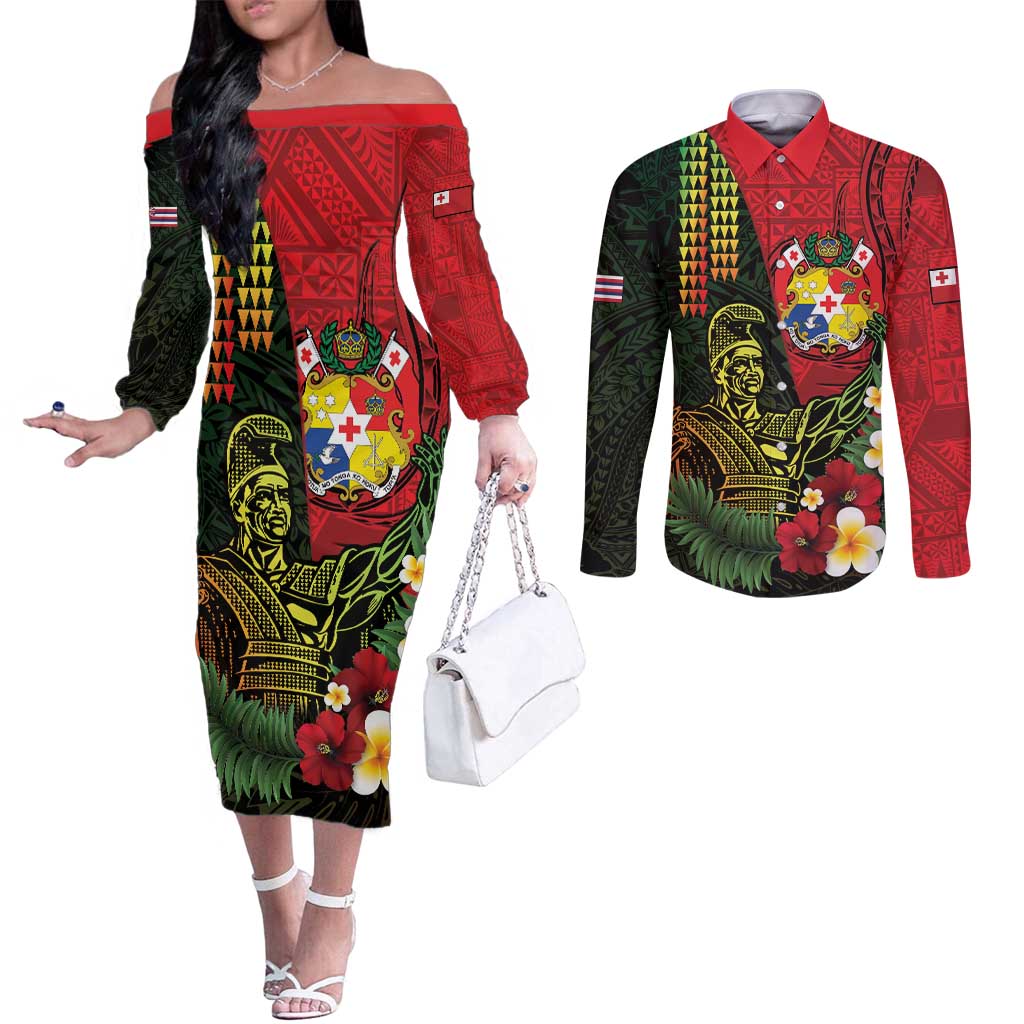 Hawaii And Tonga Couples Matching Off The Shoulder Long Sleeve Dress and Long Sleeve Button Shirt King Kamehameha Tribal Ngatu Pattern