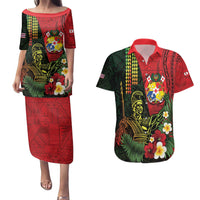 Hawaii And Tonga Couples Matching Puletasi and Hawaiian Shirt King Kamehameha Tribal Ngatu Pattern LT14 Red - Polynesian Pride