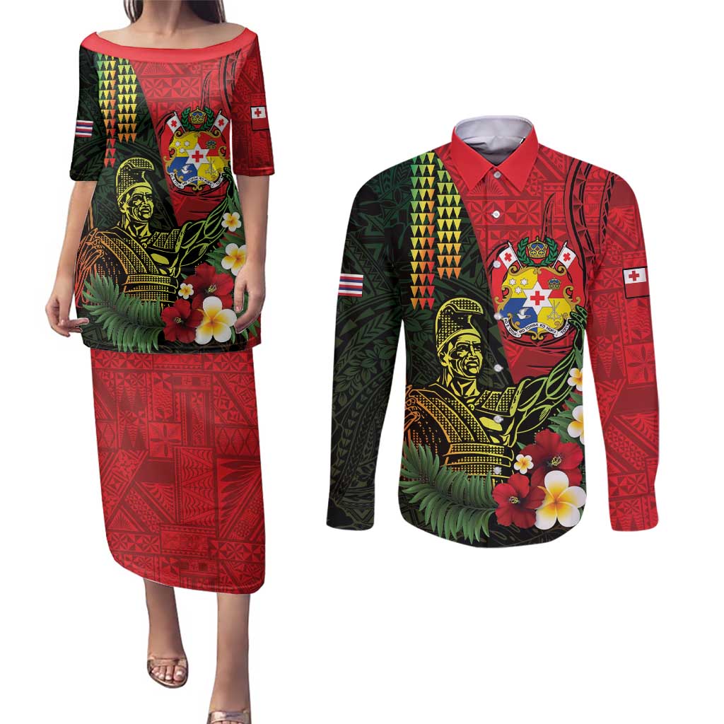 Hawaii And Tonga Couples Matching Puletasi and Long Sleeve Button Shirt King Kamehameha Tribal Ngatu Pattern