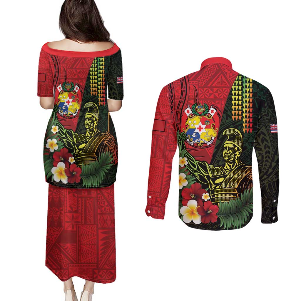 Hawaii And Tonga Couples Matching Puletasi and Long Sleeve Button Shirt King Kamehameha Tribal Ngatu Pattern