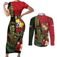 Hawaii And Tonga Couples Matching Short Sleeve Bodycon Dress and Long Sleeve Button Shirt King Kamehameha Tribal Ngatu Pattern