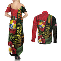 Hawaii And Tonga Couples Matching Summer Maxi Dress and Long Sleeve Button Shirt King Kamehameha Tribal Ngatu Pattern
