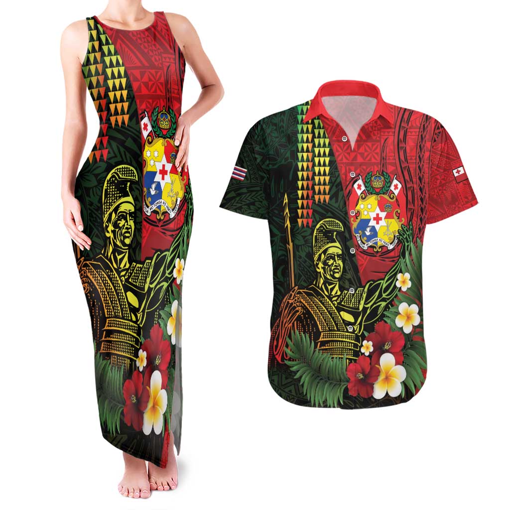 Hawaii And Tonga Couples Matching Tank Maxi Dress and Hawaiian Shirt King Kamehameha Tribal Ngatu Pattern