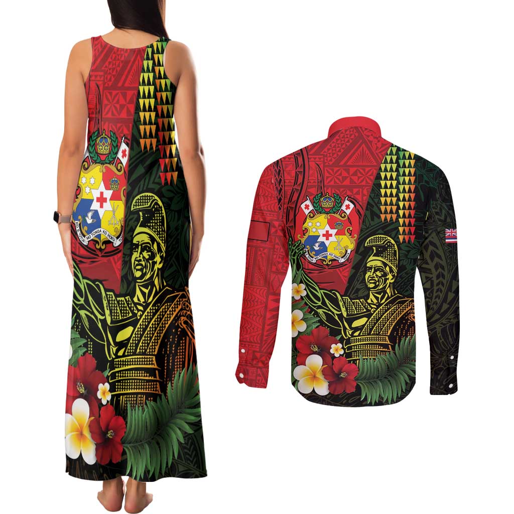Hawaii And Tonga Couples Matching Tank Maxi Dress and Long Sleeve Button Shirt King Kamehameha Tribal Ngatu Pattern