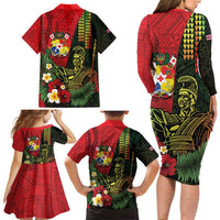 Hawaii And Tonga Family Matching Long Sleeve Bodycon Dress and Hawaiian Shirt King Kamehameha Tribal Ngatu Pattern