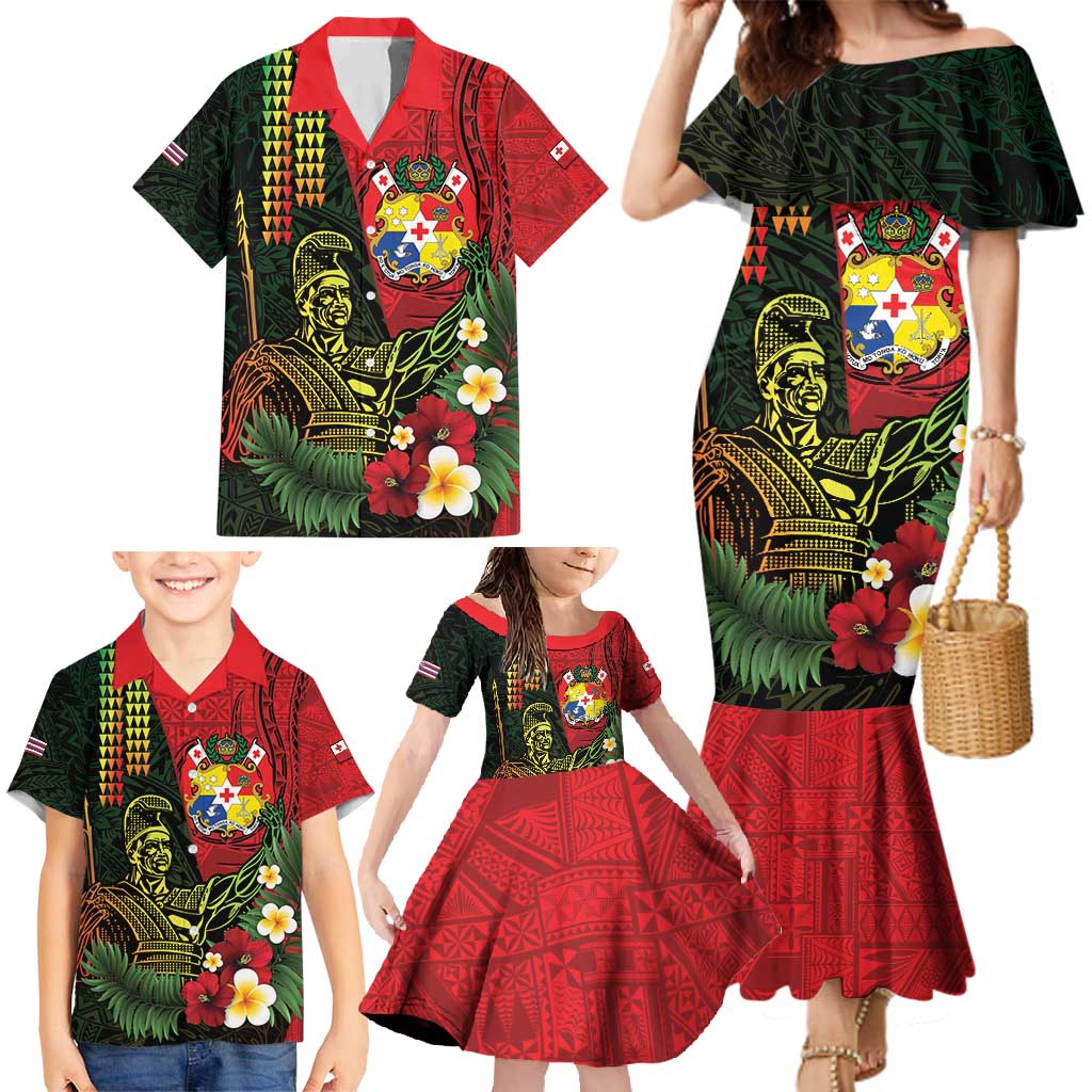 Hawaii And Tonga Family Matching Mermaid Dress and Hawaiian Shirt King Kamehameha Tribal Ngatu Pattern