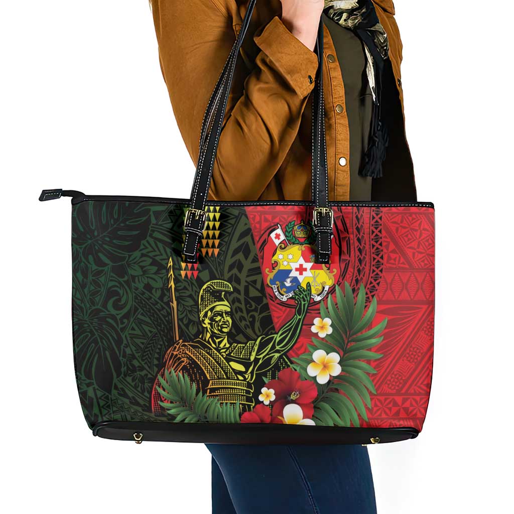 Hawaii And Tonga Leather Tote Bag King Kamehameha Tribal Ngatu Pattern