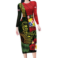 Hawaii And Tonga Long Sleeve Bodycon Dress King Kamehameha Tribal Ngatu Pattern