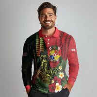 Hawaii And Tonga Long Sleeve Polo Shirt King Kamehameha Tribal Ngatu Pattern
