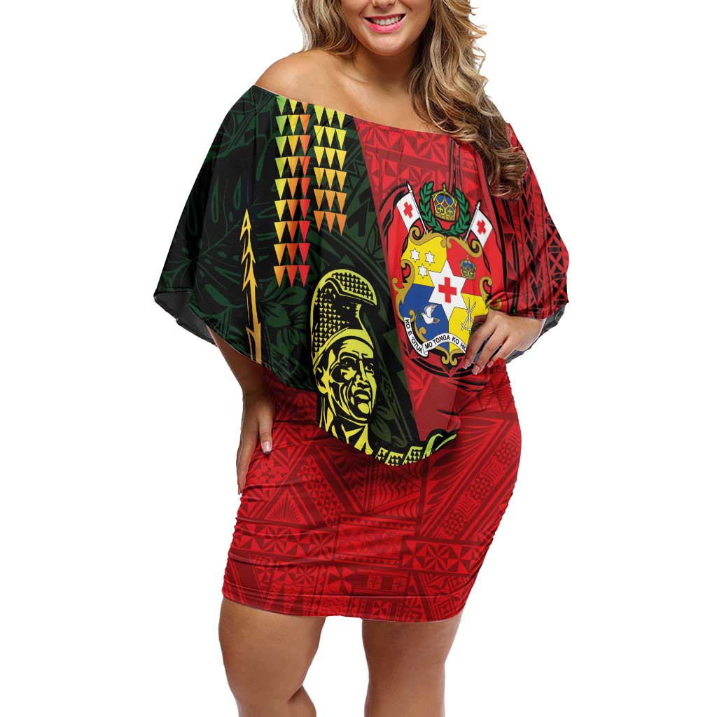 Hawaii And Tonga Off Shoulder Short Dress King Kamehameha Tribal Ngatu Pattern