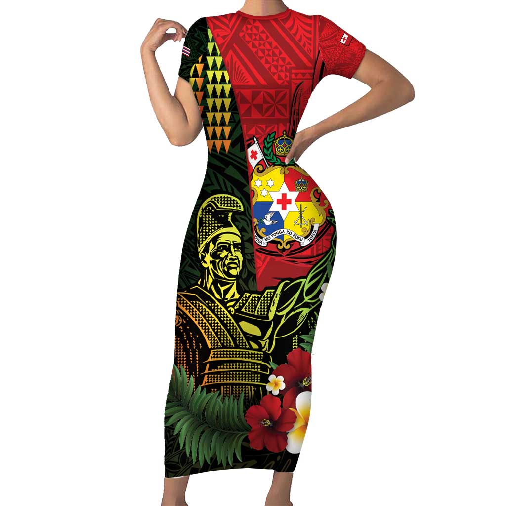 Hawaii And Tonga Short Sleeve Bodycon Dress King Kamehameha Tribal Ngatu Pattern