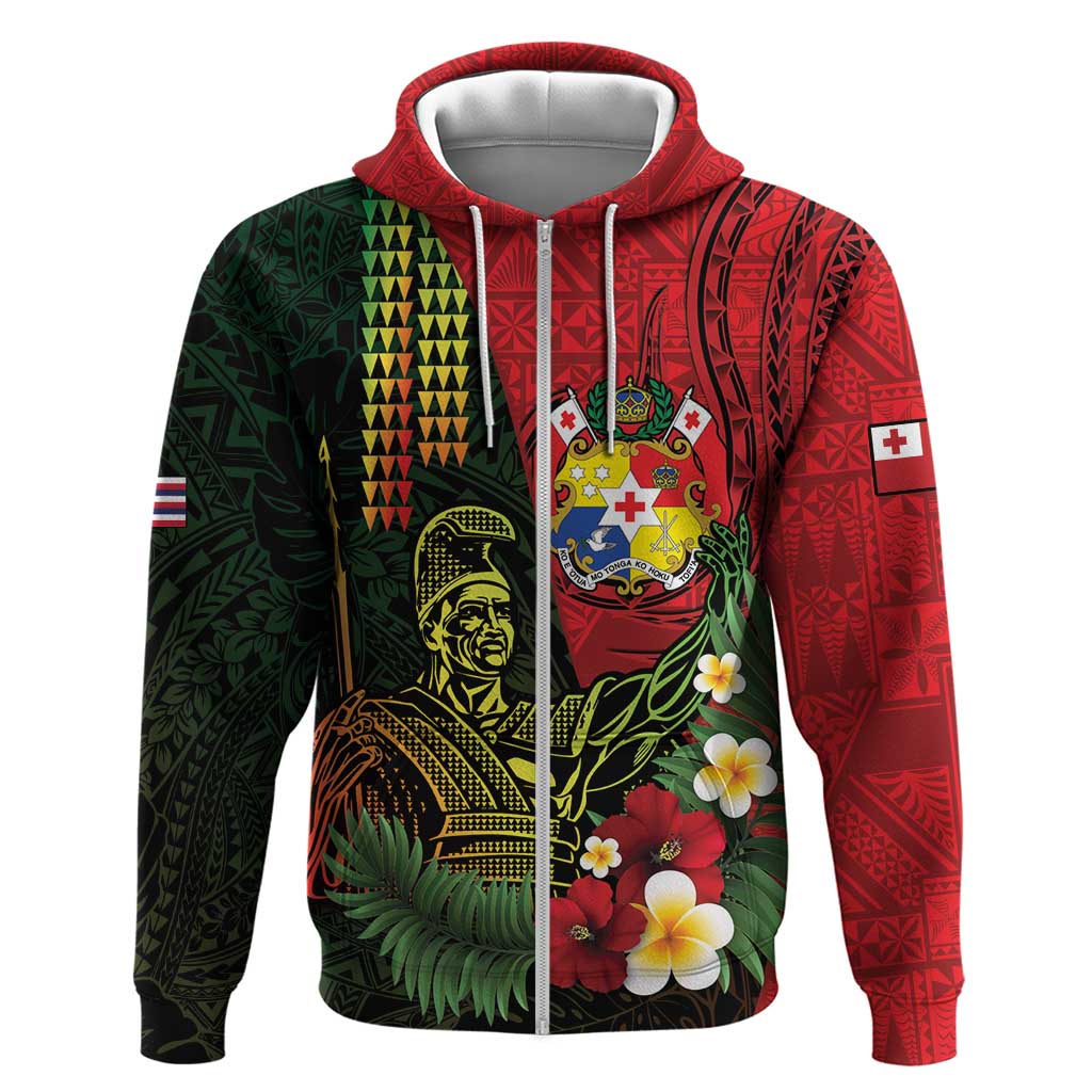 Hawaii And Tonga Zip Hoodie King Kamehameha Tribal Ngatu Pattern