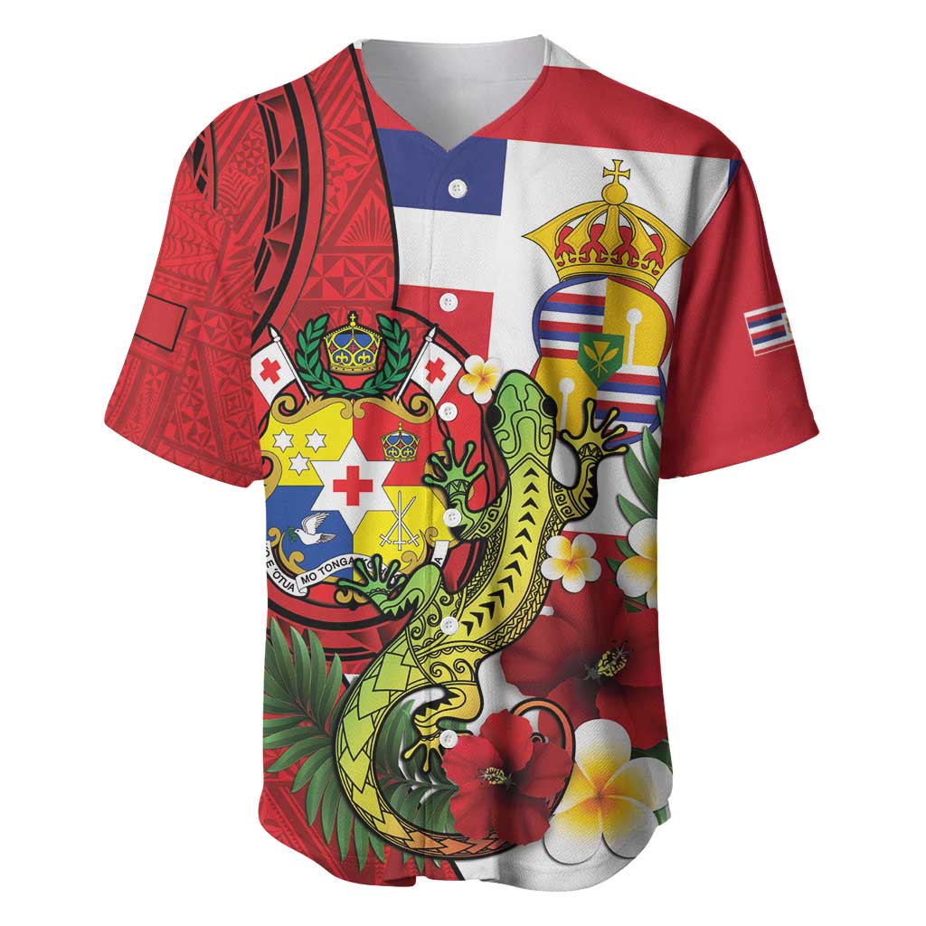 Hawaii And Tonga Baseball Jersey King Kalakaua Tribal Gecko Tongan Ngatu LT14 Red - Polynesian Pride