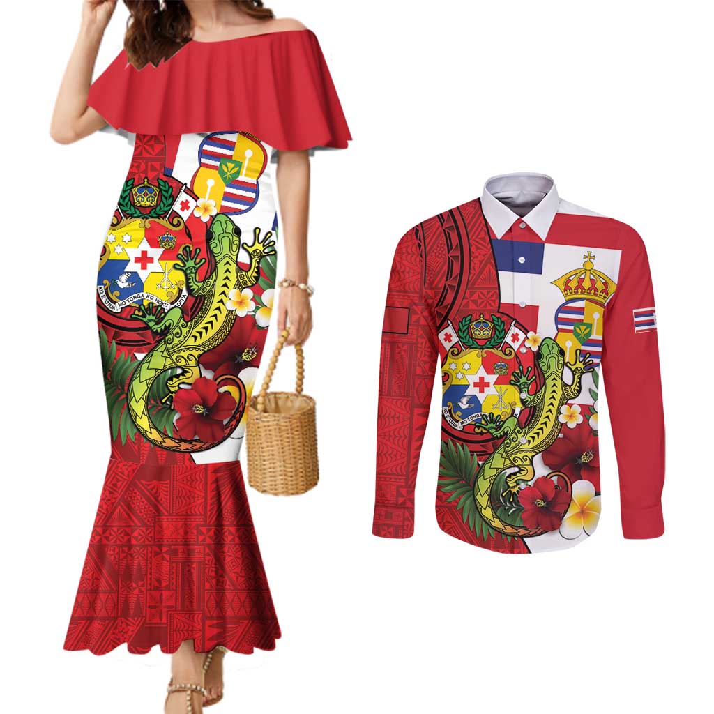 Hawaii And Tonga Couples Matching Mermaid Dress and Long Sleeve Button Shirt King Kalakaua Tribal Gecko Tongan Ngatu