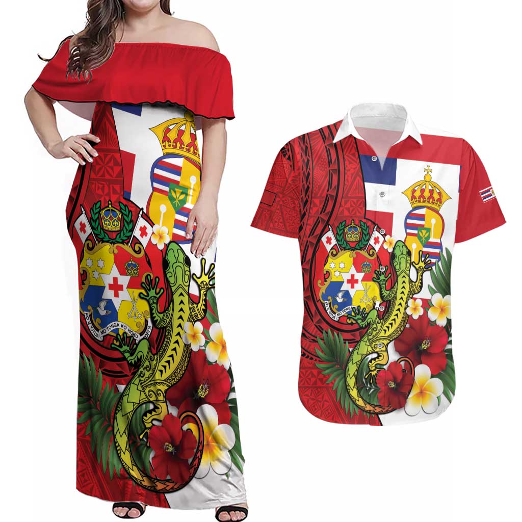 Hawaii And Tonga Couples Matching Off Shoulder Maxi Dress and Hawaiian Shirt King Kalakaua Tribal Gecko Tongan Ngatu