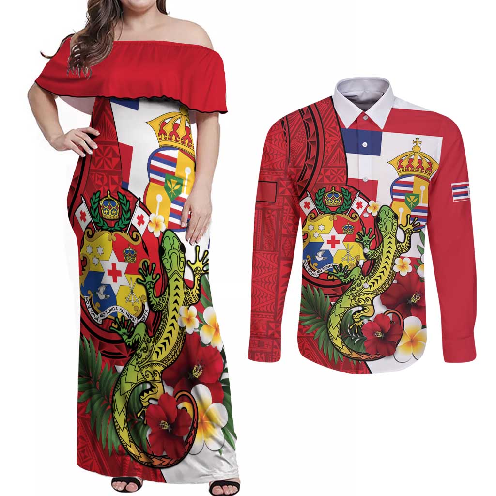 Hawaii And Tonga Couples Matching Off Shoulder Maxi Dress and Long Sleeve Button Shirt King Kalakaua Tribal Gecko Tongan Ngatu