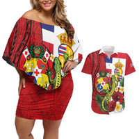 Hawaii And Tonga Couples Matching Off Shoulder Short Dress and Hawaiian Shirt King Kalakaua Tribal Gecko Tongan Ngatu