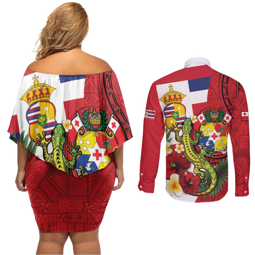 Hawaii And Tonga Couples Matching Off Shoulder Short Dress and Long Sleeve Button Shirt King Kalakaua Tribal Gecko Tongan Ngatu
