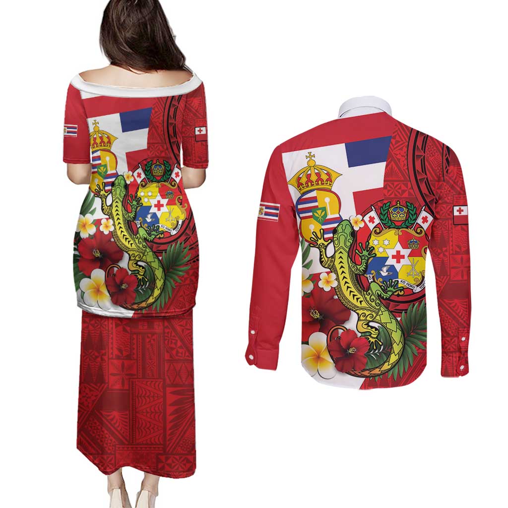 Hawaii And Tonga Couples Matching Puletasi and Long Sleeve Button Shirt King Kalakaua Tribal Gecko Tongan Ngatu