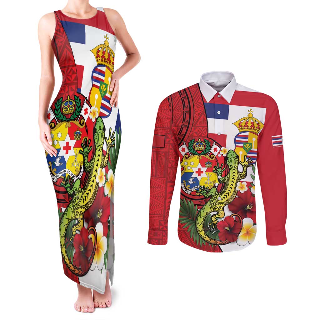 Hawaii And Tonga Couples Matching Tank Maxi Dress and Long Sleeve Button Shirt King Kalakaua Tribal Gecko Tongan Ngatu