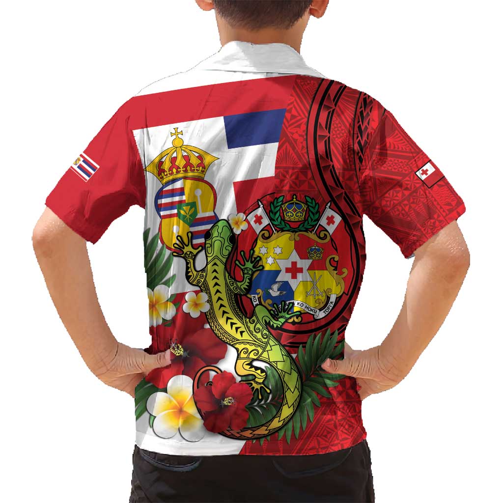 Hawaii And Tonga Family Matching Long Sleeve Bodycon Dress and Hawaiian Shirt King Kalakaua Tribal Gecko Tongan Ngatu