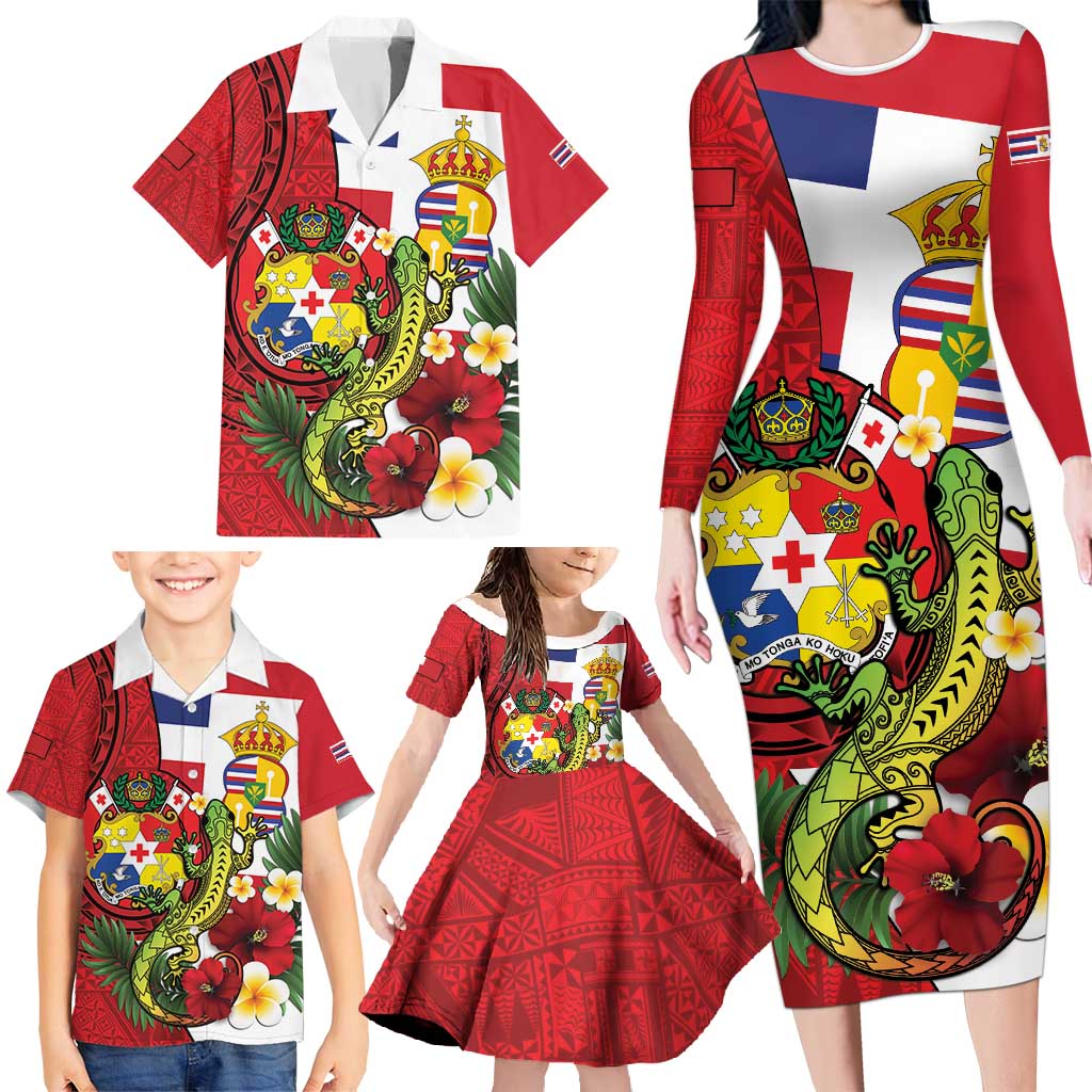 Hawaii And Tonga Family Matching Long Sleeve Bodycon Dress and Hawaiian Shirt King Kalakaua Tribal Gecko Tongan Ngatu