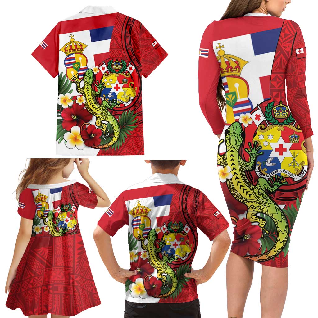 Hawaii And Tonga Family Matching Long Sleeve Bodycon Dress and Hawaiian Shirt King Kalakaua Tribal Gecko Tongan Ngatu