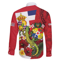 Hawaii And Tonga Family Matching Long Sleeve Bodycon Dress and Hawaiian Shirt King Kalakaua Tribal Gecko Tongan Ngatu